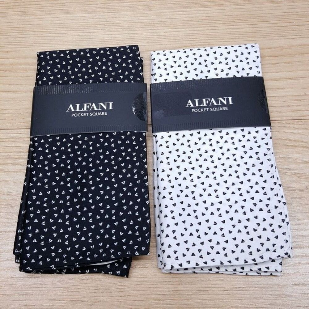 ALFANI Mens Pocket Square White Black Geo Pattern Set of 2